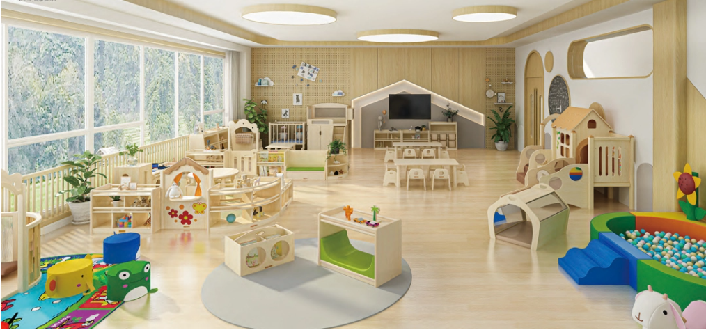 Excellent Layout of the Indoor Playground Childcare Center with Exquisite Wooden Furniture for Kindergartens