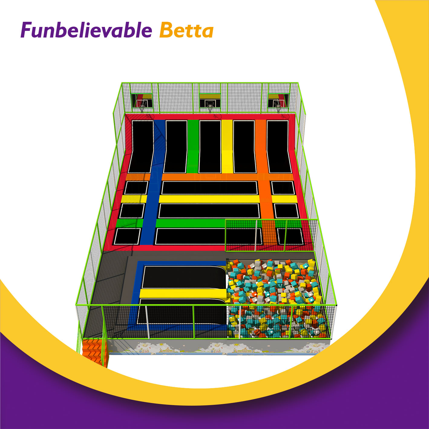 Bettaplay colorful 200--300 SQM Trampoline Park For Kids For Sale