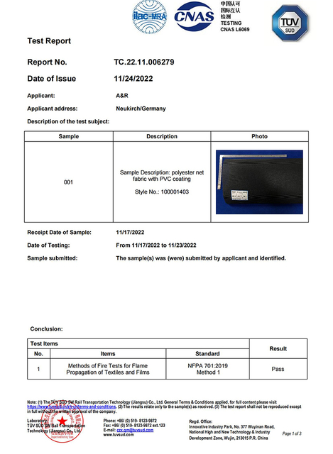 Flame Retardancy Report for Bouncing Fabric