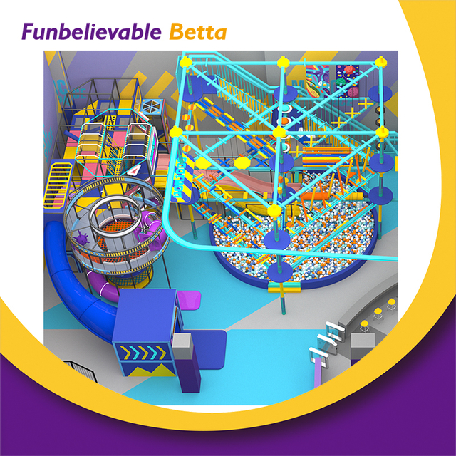 Bettaplay 550 SQM Commercial Indoor Wall Obstacle Ropes Course Playground Indoor Curved Horn Slide 