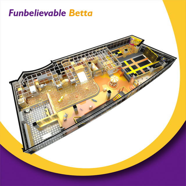 Bettaplay 650㎡ indoor kids soft playground park with Trumpet Slide trampoline area climbing walls 